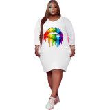 Fashion Women Round Neck Lip Printing Dress Dresses A186677