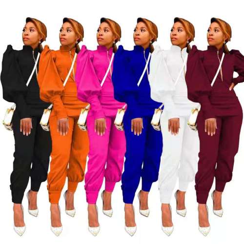 Women High Waist Bubble Two Pcs One Set Tops With Bottom Pants Outfit Outfits M212031