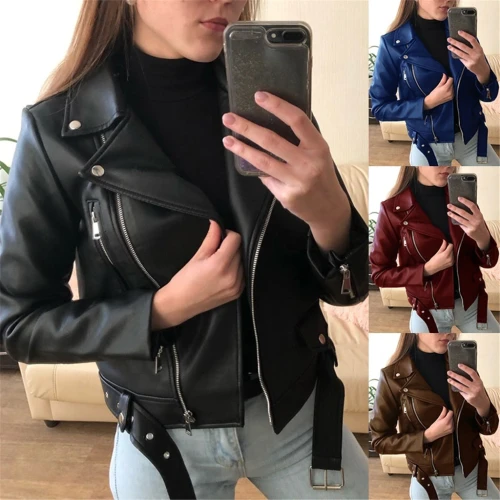 Women Cool Faux Leather Long Sleeve Jacket Coats 55465