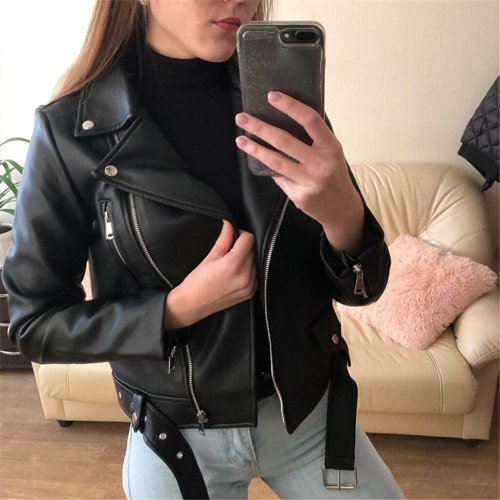 Women Cool Faux Leather Long Sleeve Jacket Coats 55465