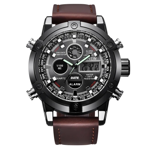 Men Leather Big Dual Time Waterproof Watches 302233