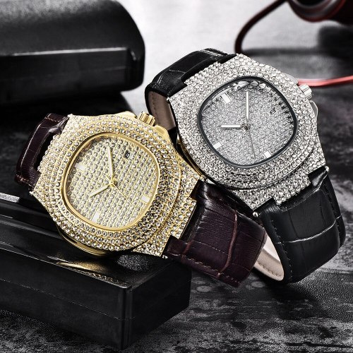 Men's Ice Out Role Hip Hop Fashion Diamond Leather Clock Watches 121021