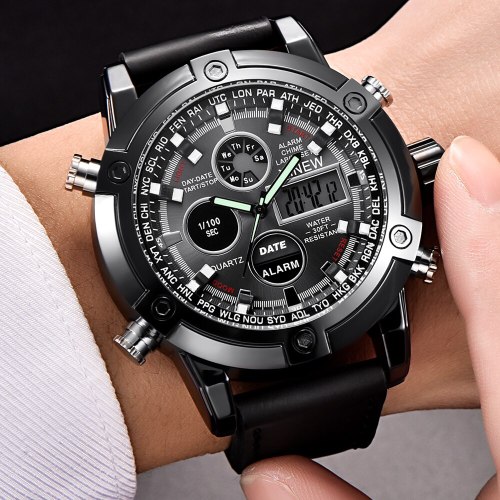 Men Leather Big Dual Time Waterproof Watches 302233