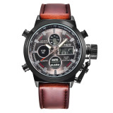 Men Leather Band Dual Time Digital Quartz Wristwatches 300314