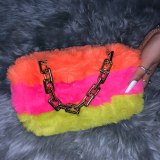 Women Faux Fox Fur Slippers Fashion Metal Chain Handbags