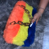 Women Faux Fox Fur Slippers Fashion Metal Chain Handbags