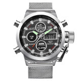 Men Leather Band Dual Time Digital Quartz Wristwatches 300314