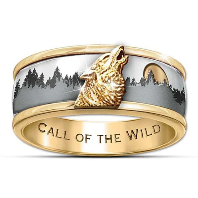 Two Tone Men's Vintage Punk Wolf  Mountain Moon Biker Finger Rings CR666677