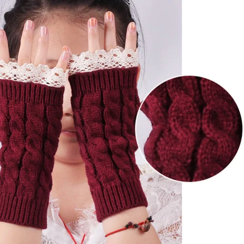 Winter Autumn Women Fashion Lace Trims Long Fingerless Knitted Gloves ST7283