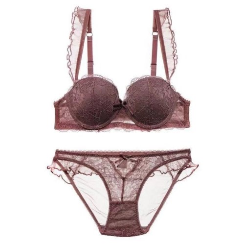 Women Upper Thin And Lower Thick Gather Half Cup Lace Mesh Bra Set 1600213