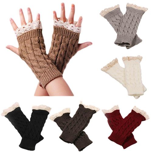 Winter Autumn Women Fashion Lace Trims Long Fingerless Knitted Gloves ST7283