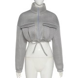 Women Zipper Pocket Mesh Plaid Autumn Coats K20L1051728