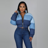 Stylish casual women's denim patchwork cotton-padded jacket jacket G043041