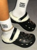 Autumn and Winter Cartoon Fleece-Lined Plush Warm Hole Shoes