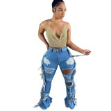 Hollow Out Ripped Jeans for Women Sexy Hole Tassels Denim Pants Plus Size Pocket Flare Bell Bottom Trousers StreetwearD843647