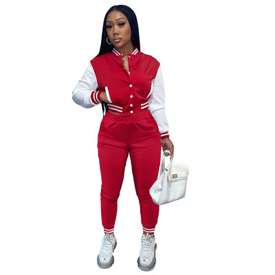 Women's jacket set Single breasted stitching long sleeve baseball two-piece set for women F17687