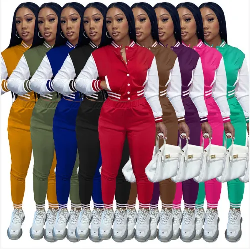 Women's jacket set Single breasted stitching long sleeve baseball two-piece set for women F17687