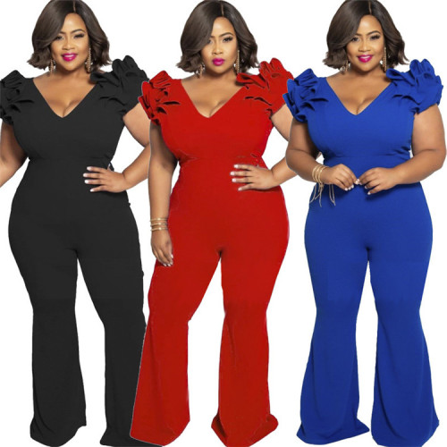 Fashion Solid Color Deep V-Neck Petal Short-Sleeved Tight Women Wide-Leg Large Size Jumpsuit YF106475