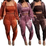 Autumn new sexy women's wear solid color hat wrapped chest elastic three piece set Tracksuits