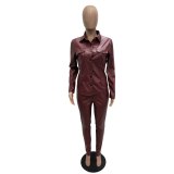 Sexy Women PU set two pieces Jumpsuit casual Outfits Tracksuits LD822637