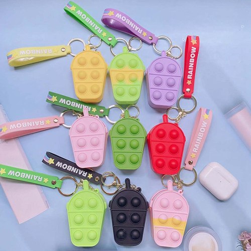 Silicone Milk Tea Cup Push Bubble Pendant Sensory Toy Handbag  Keychain