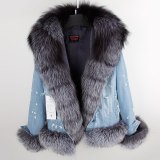 Women's Fashion Winter Thick Natural Real Big Fox  Jeans Coats Parkas