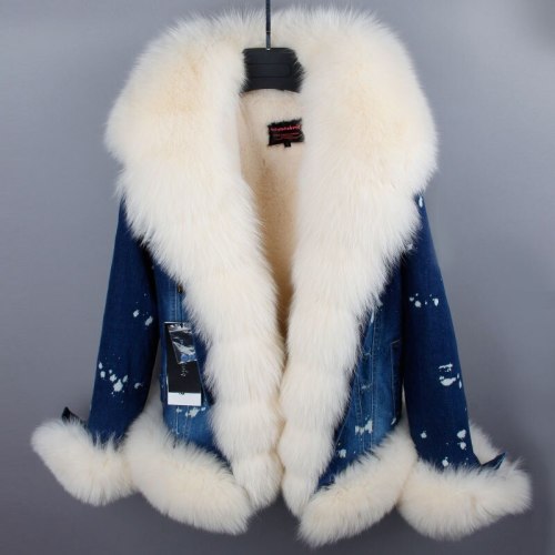 Women's Fashion Winter Thick Natural Real Big Fox  Jeans Coats Parkas