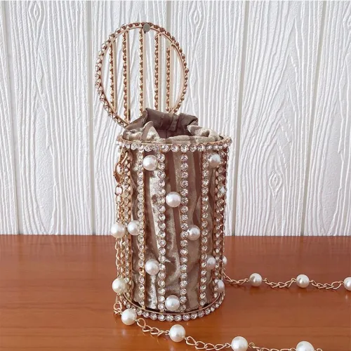 Metal Hollow Bucket Bag Crystal Clutch Purse Evening Bag For Women Handbag 301021