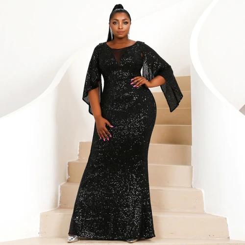 Irregular Sleeve Sequins Long Dress Plus Size African Clothes Party Evening Dresses P014152