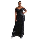 Plus Size Women Sexy Tassel Sleeve Black Long Bodycon Mermaid Dress  Party Dresses P010213