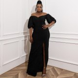 Plus Size Elegant Evening Dresses For Women African Black Sequin Long Dress P002031