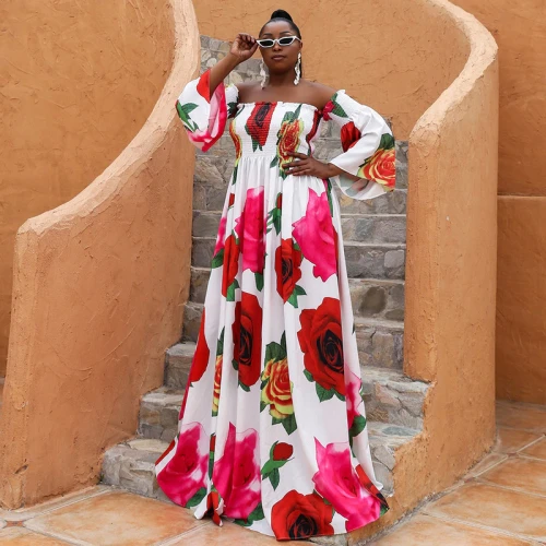 African Print Evening Dresses For Women  New Off Shoulder Party Vacation Long Dress P012132