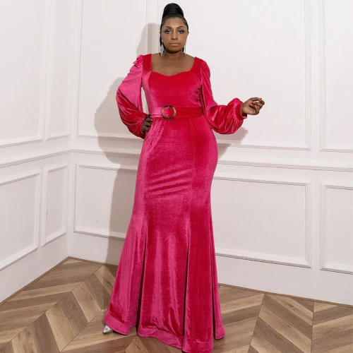 Plus Size Women's New Long Fishtail Gold Velvet Banquet Temperament Evening DressP002334