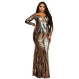Women's Gold fishtail Skirt sequined Evening Dress P021021