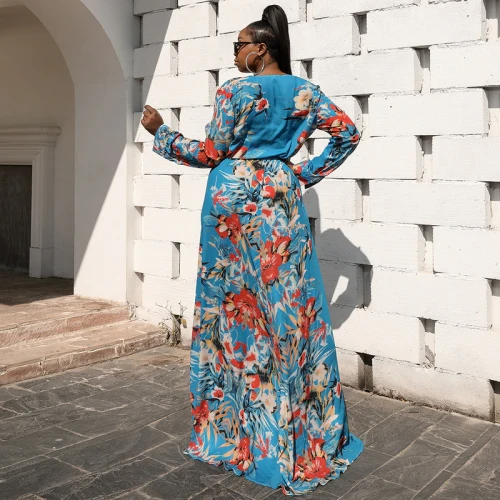 Fat Female Chiffon Printed See Through Sexy High Slit Dress Plus Size Long Dresses P000213