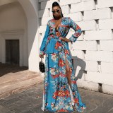 Fat Female Chiffon Printed See Through Sexy High Slit Dress Plus Size Long Dresses P000213