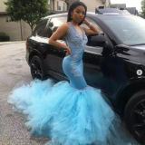 New Sexy Mermaid Prom Dresses Long V Neck Arabic Formal Blue Lace Applique Party Gowns