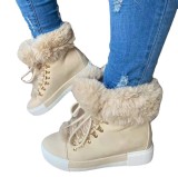 Warm Fur Boots  Winter New Round Toe Ladies Lace Up High Top Canvas Shoes