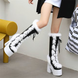 Women Lace Up Patent Leather High Heel Knee High Motorcycle Boots 1324XSWF(Z2)