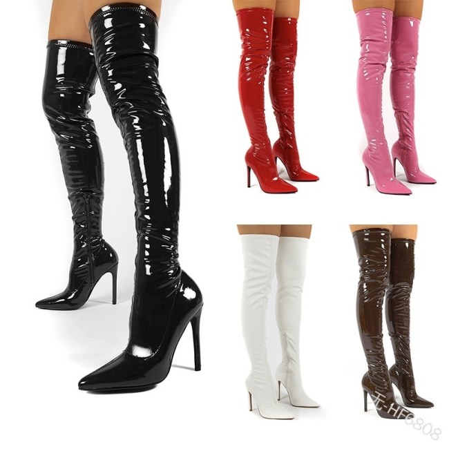 New slim High Heel solid color night club style knee High Boots large size leather Boots HF680819