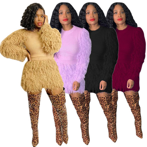 Winter Fashion Fluffy Tassel Warm Sweater 2 Piece Set Women Long Sleeve Sexy Club Outfits