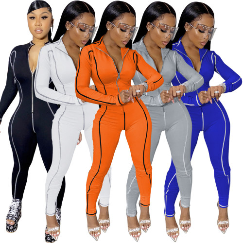 Sexy Striped Long Sleeve Deep V Rompers Womens Jumpsuit Sport Suit JR364455