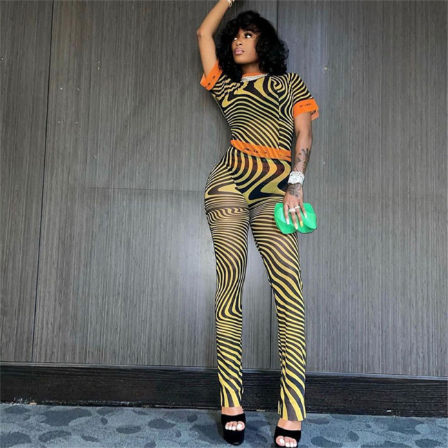 Casual Sexy Women Two Piece Set Short Sleeve See Through Outfits Streetwear K21S05295106