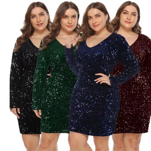 Plus-size sequined V-neck dress for women 19519210