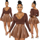 Fashion women Long sleeve top Pu skirt Two-piece set 2110314