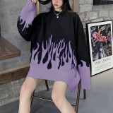 Autumn and winter flame print sweater men and women couple coat loose knit sweater round neck top sweater comfortable pullover