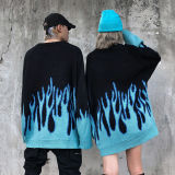 Autumn and winter flame print sweater men and women couple coat loose knit sweater round neck top sweater comfortable pullover