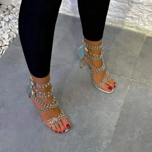 New Women's High-heeled Sandals  Women's Sandals  with Transparent Rivet Sexy Black  Sandals  Women Shoes High Heel