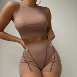 New style women's round neck vest high waist shorts leisure two sets Q22S803546