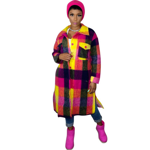 Fashionable winter women print grid long temperament coats 552839